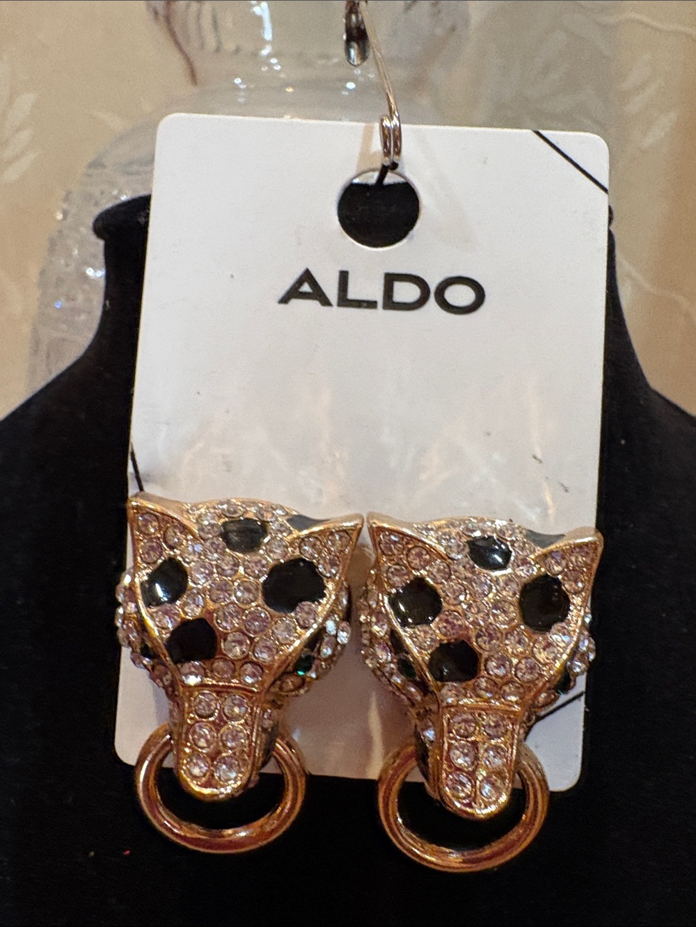 Aldo Gold-Tone Panther Head Hoop Rhinestone Earrings with Green Eyes/Pink Tongue